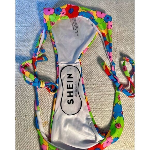 SHEIN Colorful Floral Print String Bikini Tie Bottoms Swimwear Sz Medium NWOT - Picture 4 of 6